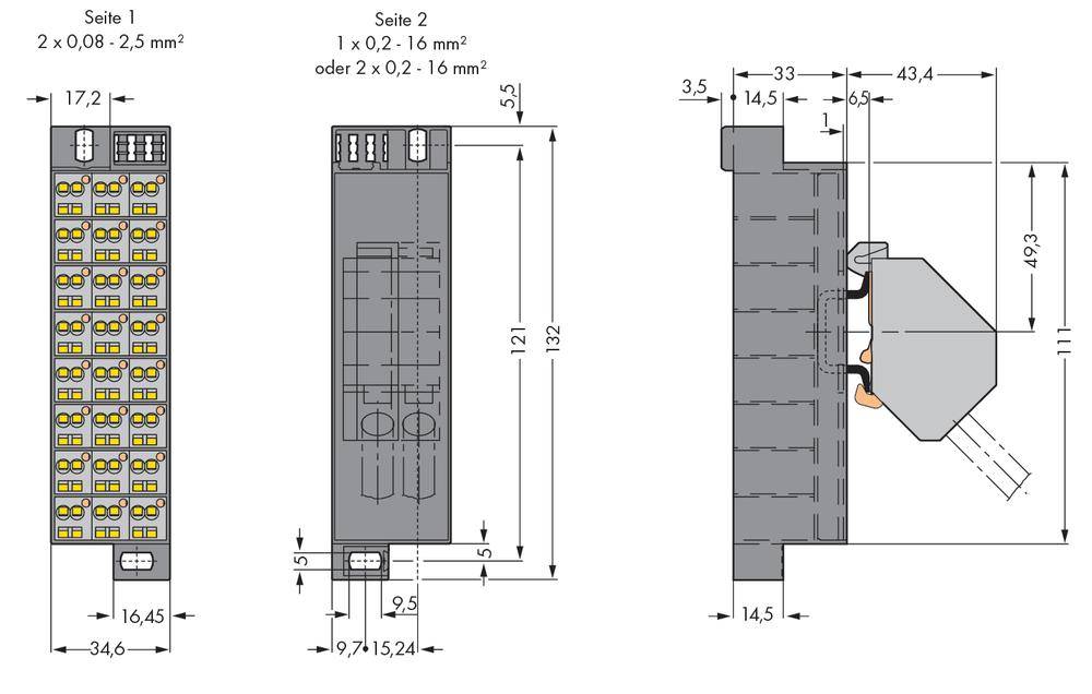 PD клемма WAGO 726-602, 32 pin, 0.08мм² - 16мм², 76А, конф: L, (10 шт)