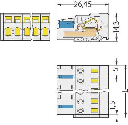 Розетка для подключения кабеля WAGO 721-103/026-000, 3 pin, 0.08мм² - 2.5мм², 630В, 16А, CS: 5мм, (1 шт)