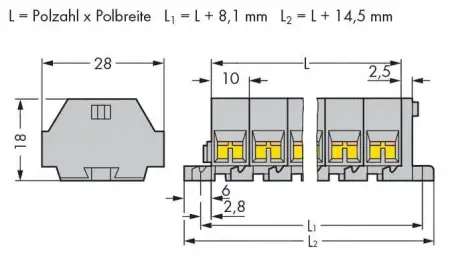 Клеммная колодка WAGO 261-211, 44 pin, 0.08мм² - 2.50мм², 500В, 24А, конф: L, (25 шт)