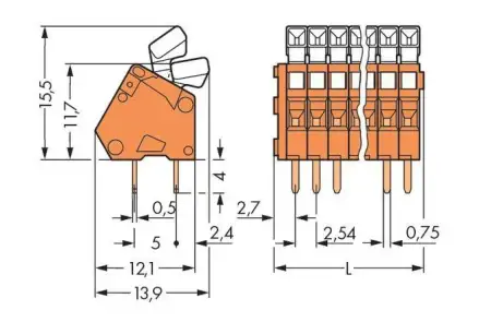 Быстроразъемная клемма WAGO 233-524, 24 pin, 0.08мм² - 0.50мм², 160В, CS: 2.54мм, (80 шт)