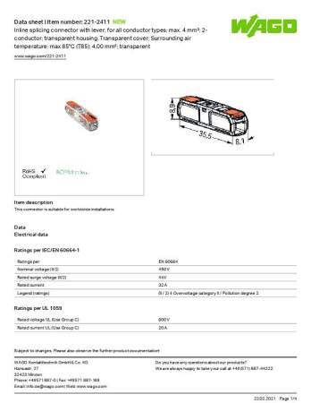 Клеммник WAGO 221-2411, 1 pin, 0.14мм² - 4мм², 450В, 32А, (60 шт)