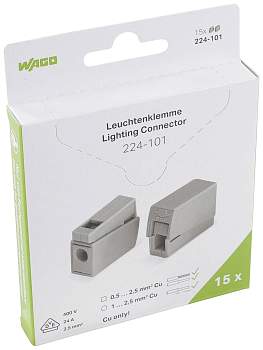 Клемма для осветительного оборудования WAGO 224-101, 2 pin, 0.5мм² - 2.5мм², 400В, 24А, (15 шт)
