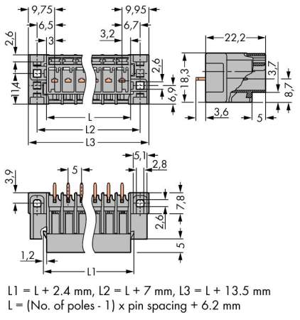 Розетка для подключения к печатной плате WAGO 769-636/004-000, 6 pin, 500В, 53А, CS: 5мм, (50 шт)