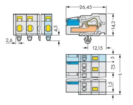 Розетка для подключения кабеля WAGO 721-203/008-037, 3 pin, 0.08мм² - 2.5мм², 630В, 16А, CS: 7.50мм, (100 шт)