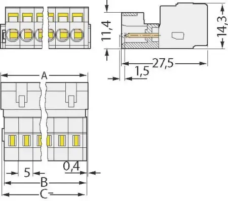 Розетка для подключения кабеля WAGO 721-605, 5 pin, 0.08мм² - 2.5мм², 300В, 15А, CS: 5мм, (1 шт)