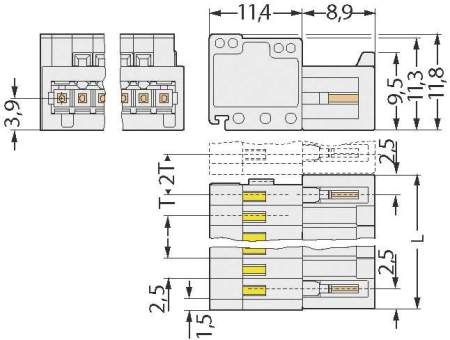 Штекерный разъем для кабеля WAGO 733-203, 3 pin, 0.08мм² - 0.5мм², 160В, 6А, CS: 2.50мм, (1 шт)