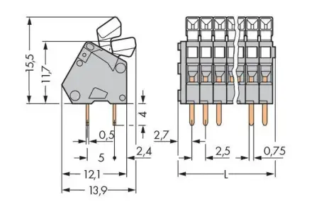 Быстроразъемная клемма WAGO 233-203, 3 pin, 0.08мм² - 0.50мм², 160В, CS: 2.50мм, (500 шт)