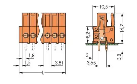 Розетка для подключения к печатной плате WAGO 734-505, 5 pin, 160В, 10А, CS: 3.81мм, (100 шт)