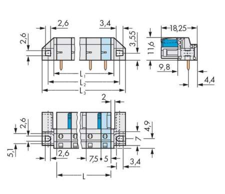 Розетка для подключения к печатной плате WAGO 722-833/047-000, 3 pin, 630В, 15А, CS: 7.50мм, (50 шт)