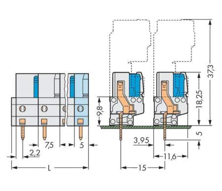 Розетка для подключения к печатной плате WAGO 722-746, 16 pin, 630В, 15А, CS: 7.50мм, (10 шт)