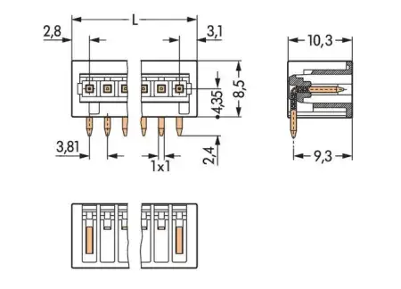 Штифтовая планка WAGO 734-266/105-604, 6 pin, 160В, 10А, CS: 3.81мм, (100 шт)