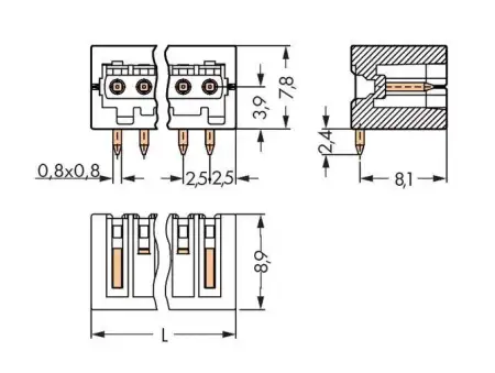 Штифтовая планка WAGO 733-364/105-604, 4 pin, 160В, 6А, CS: 2.50мм, (200 шт)
