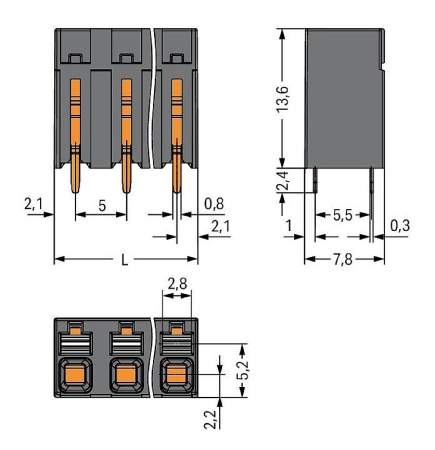 Клемма для печатной платы WAGO 2086-3103, 3 pin, 0.14мм² - 1.50мм², 630В, 17.5А, CS: 5мм, (1 шт)