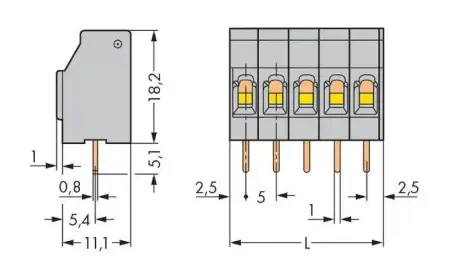 Быстроразъемная клемма WAGO 740-105/000-021, 5 pin, 0.08мм² - 2.50мм², 320В, 16А, CS: 5мм, (180 шт)