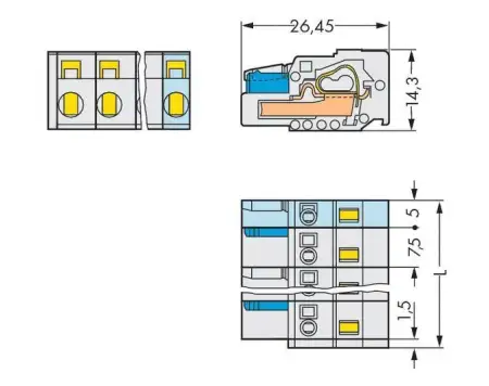 Розетка для подключения кабеля WAGO 721-216/026-000, 16 pin, 0.08мм² - 2.5мм², 630В, 16А, CS: 7.50мм, (25 шт)