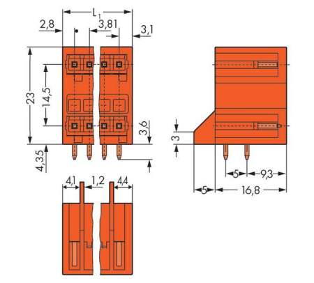 Штифтовая планка WAGO 734-433/001-000, 6 pin, 160В, 10А, CS: 3.81мм, (100 шт)