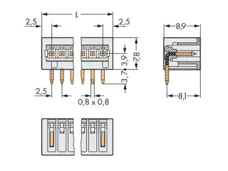 Штифтовая планка WAGO 733-365, 5 pin, 160В, 6А, CS: 2.50мм, (200 шт)