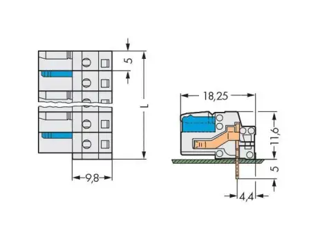 Розетка для подключения к печатной плате WAGO 722-234, 4 pin, 320В, 15А, CS: 5мм, (100 шт)
