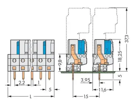 Розетка для подключения к печатной плате WAGO 722-135, 5 pin, 320В, 15А, CS: 5мм, (100 шт)