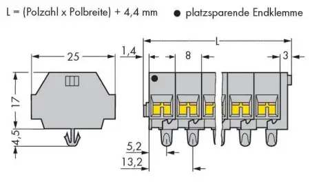 Клеммная колодка WAGO 260-252, 8 pin, 0.08мм² - 1.50мм², 400В, 18А, конф: L, (100 шт)