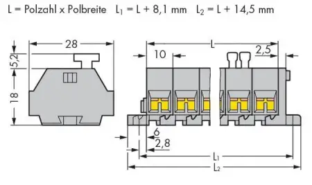 Клеммная колодка WAGO 261-207/332-000, 28 pin, 0.08мм² - 2.50мм², 500В, 24А, конф: L, (50 шт)