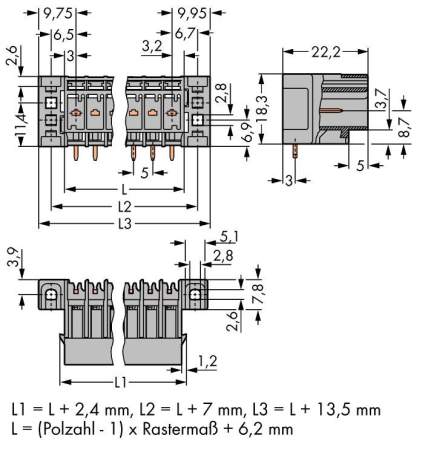 Розетка для подключения к печатной плате WAGO 769-663/003-000, 3 pin, 500В, 53А, CS: 5мм, (100 шт)