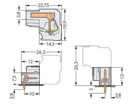 Розетка для подключения кабеля WAGO 722-214/026-000, 14 pin, 0.08мм² - 2.5мм², 320В, 15А, CS: 5мм, (25 шт)