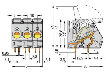 Клемма для печатной платы WAGO 2716-152/000-016, 2 pin, 1.50мм² - 16мм², 630В, 76А, CS: 10мм, (1 шт)