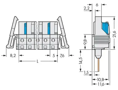 Розетка для подключения к печатной плате WAGO 722-132/005-000/039-000, 2 pin, 320В, 15А, CS: 5мм, (100 шт)