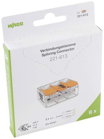Клеммник WAGO 221-613, 3 pin, 0.5мм² - 6мм², 450В, 41А, (8 шт)