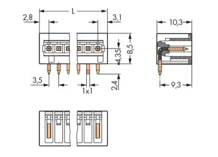 Штифтовая планка WAGO 734-163/105-604, 3 pin, 160В, 10А, CS: 3.50мм, (200 шт)