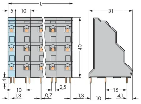 Трехуровневая клемма WAGO 737-756, 18 pin, 0.08мм² - 2.50мм², 1000В, CS: 10мм, (16 шт)