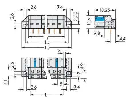 Розетка для подключения к печатной плате WAGO 722-233/047-000, 3 pin, 250В, 15А, CS: 5мм, (50 шт)