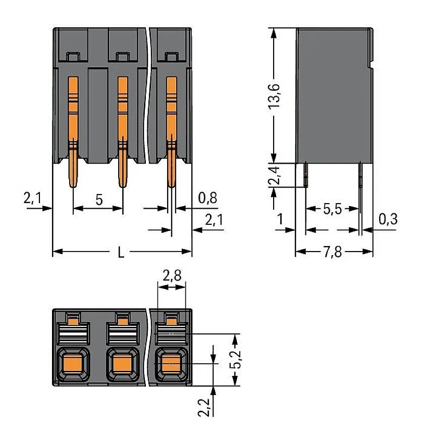 Клемма для печатной платы WAGO 2086-3108, 8 pin, 0.14мм² - 1.50мм², 630В, 17.5А, CS: 5мм, (1 шт)