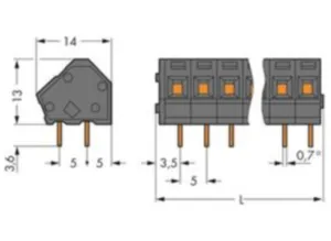 Клеммная колодка печатной платы THR WAGO 236-404/334-604/997-406, 4 pin, 0.08мм²-2.5мм², 320В, 24А, CS: 5мм, (1 шт)