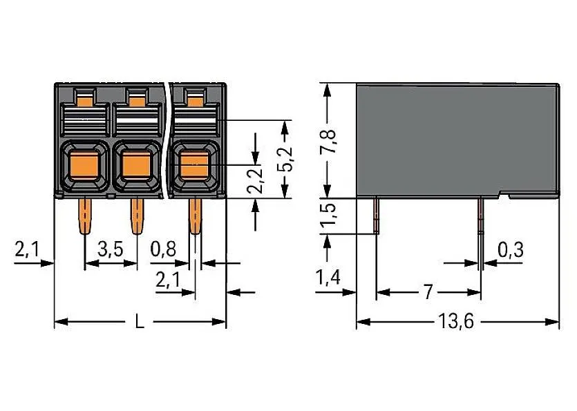 Клемма для печатной платы WAGO 2086-1222/300-000, 2 pin, 0.14мм² - 1.50мм², 630В, 17.5А, CS: 3.50мм, (1 шт)