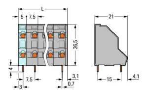 Клемма печатной платы WAGO 736-504, 8 pin, 0.08мм²-2.5мм², 630В, 21А, CS: 7.5мм, (1 шт)