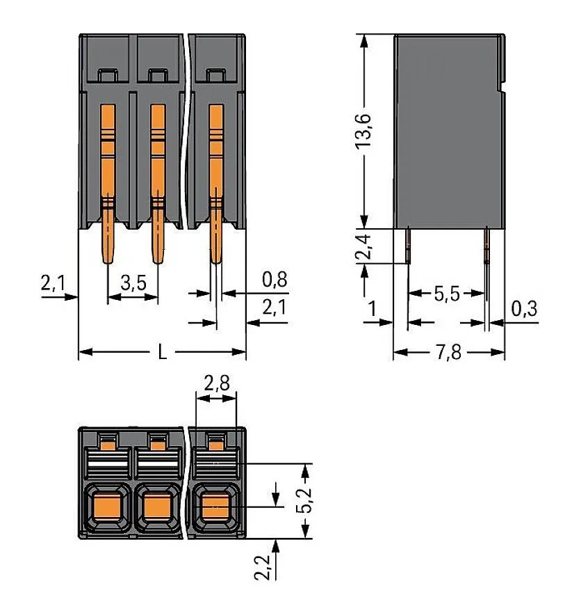 Клемма для печатной платы WAGO 2086-1105, 5 pin, 0.14мм² - 1.50мм², 320В, 17.5А, CS: 3.50мм, (1 шт)
