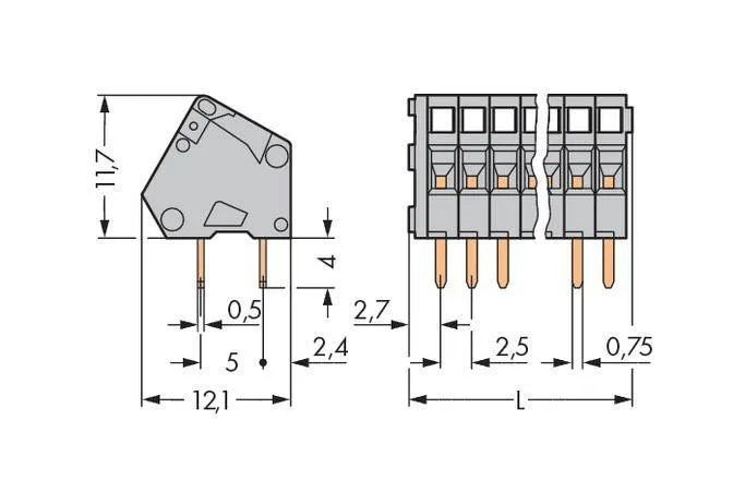 Быстроразъемная клемма WAGO 233-103, 3 pin, 0.08мм² - 0.50мм², 160В, CS: 2.50мм, (500 шт)