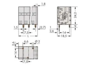 Клемма печатной платы WAGO 2626-3105/020-000, 5 pin, 0.2мм²-10мм², 1000В, 48А, CS: 7.5мм, (1 шт)