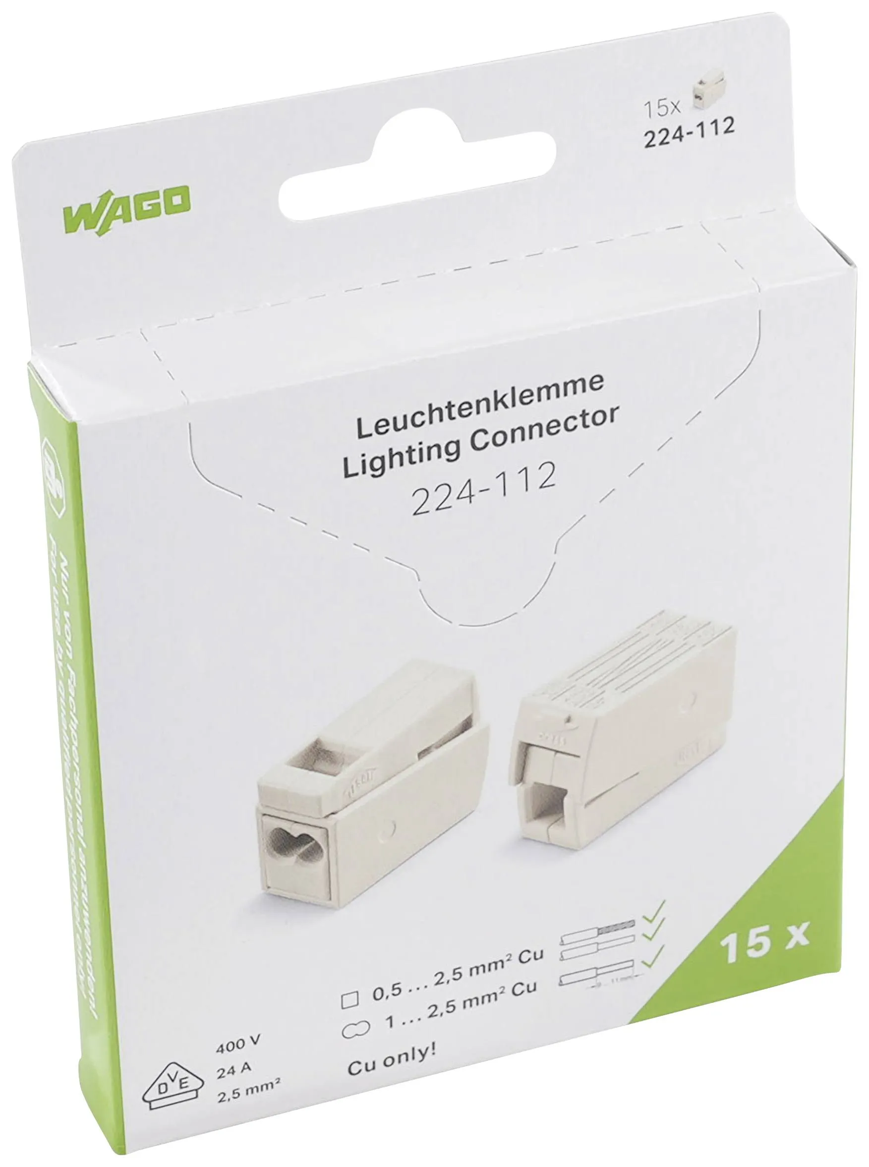 Клемма для осветительного оборудования WAGO 224-112, 3 pin, 0.5мм² - 2.5мм², 400В, 24А, (15 шт)